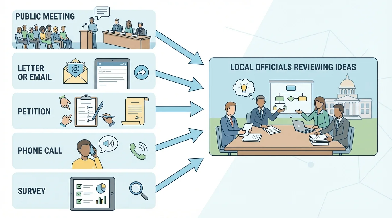 Citizens participating through a public meeting, a letter or email, a petition, a phone call, and a survey, all leading to local officials reviewing ideas