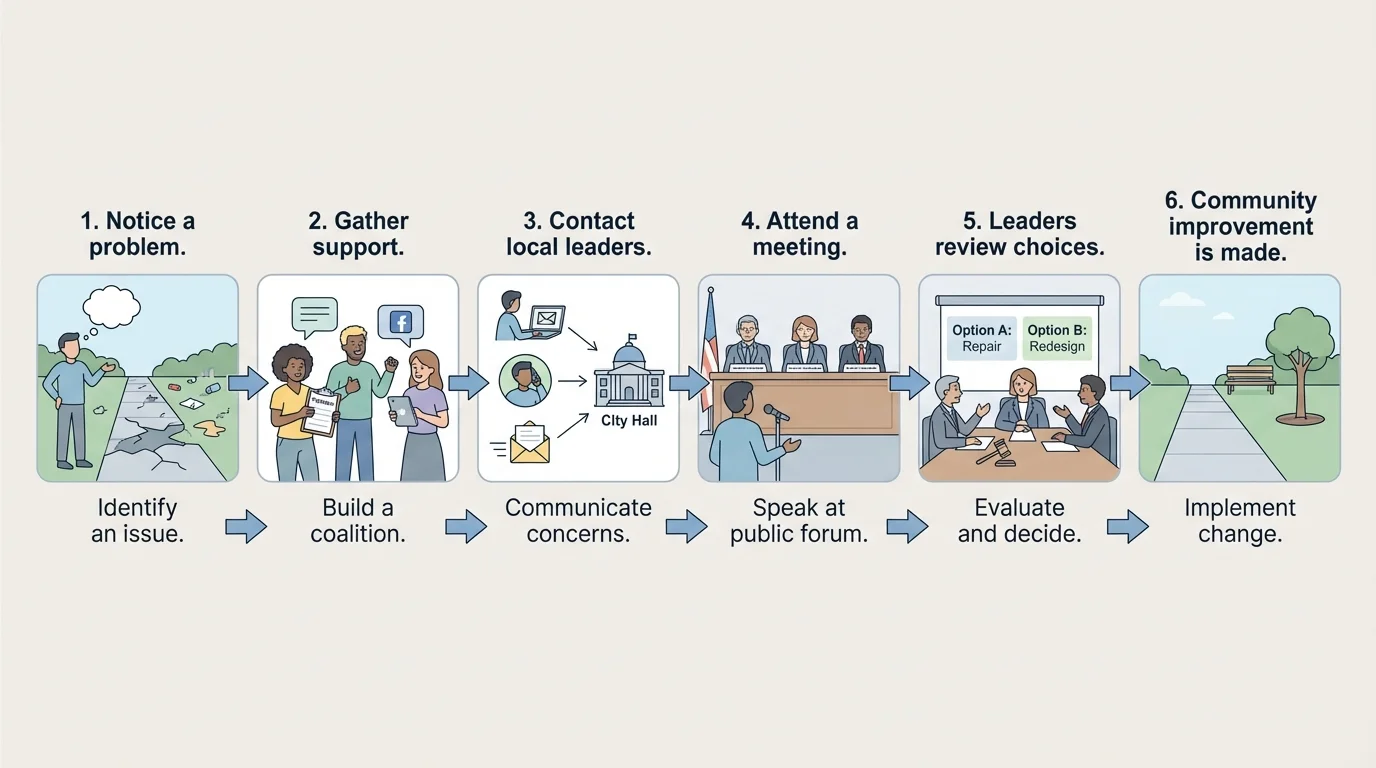 Step-by-step path showing notice a problem, gather support, contact local leaders, attend a meeting, leaders review choices, and a community improvement is made