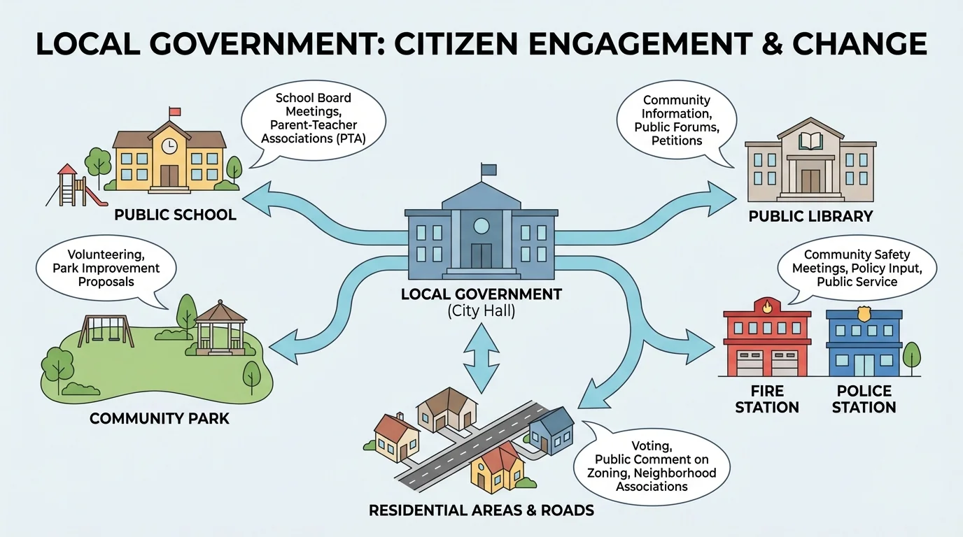 Community scene with city hall, school, park, library, police station, fire station, roads, and houses, with arrows showing these are services connected to local government