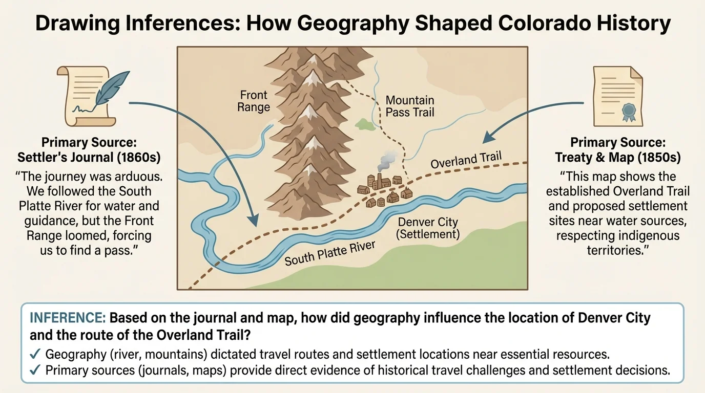 simple historical Colorado map with a river, mountain range, trail, and settlement showing how geography affected travel and settlement