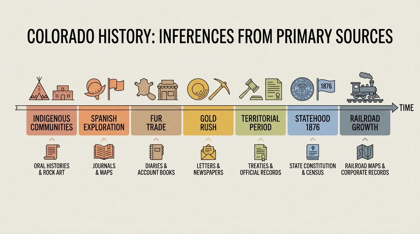 simple Colorado history timeline with Indigenous communities, Spanish exploration, fur trade, Gold Rush, territorial period, statehood in 1876, and railroad growth