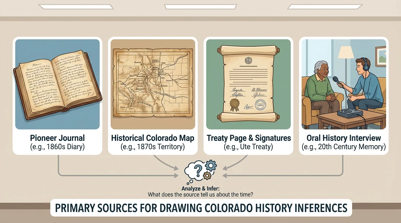 classroom-style display of an old diary, a historical Colorado map, a treaty page with signatures, and an oral history interview scene, each with short labels