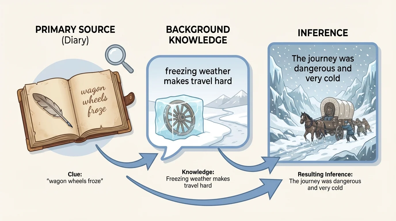 clue from diary 'wagon wheels froze', background knowledge 'freezing weather makes travel hard', resulting inference 'the journey was dangerous and very cold'