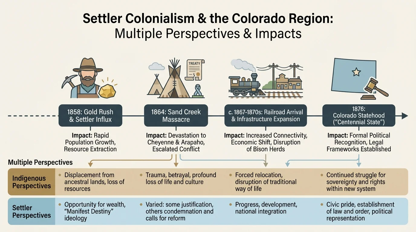 Timeline with markers for 1858 Gold Rush, 1864 Sand Creek Massacre, railroad arrival, and 1876 Colorado statehood