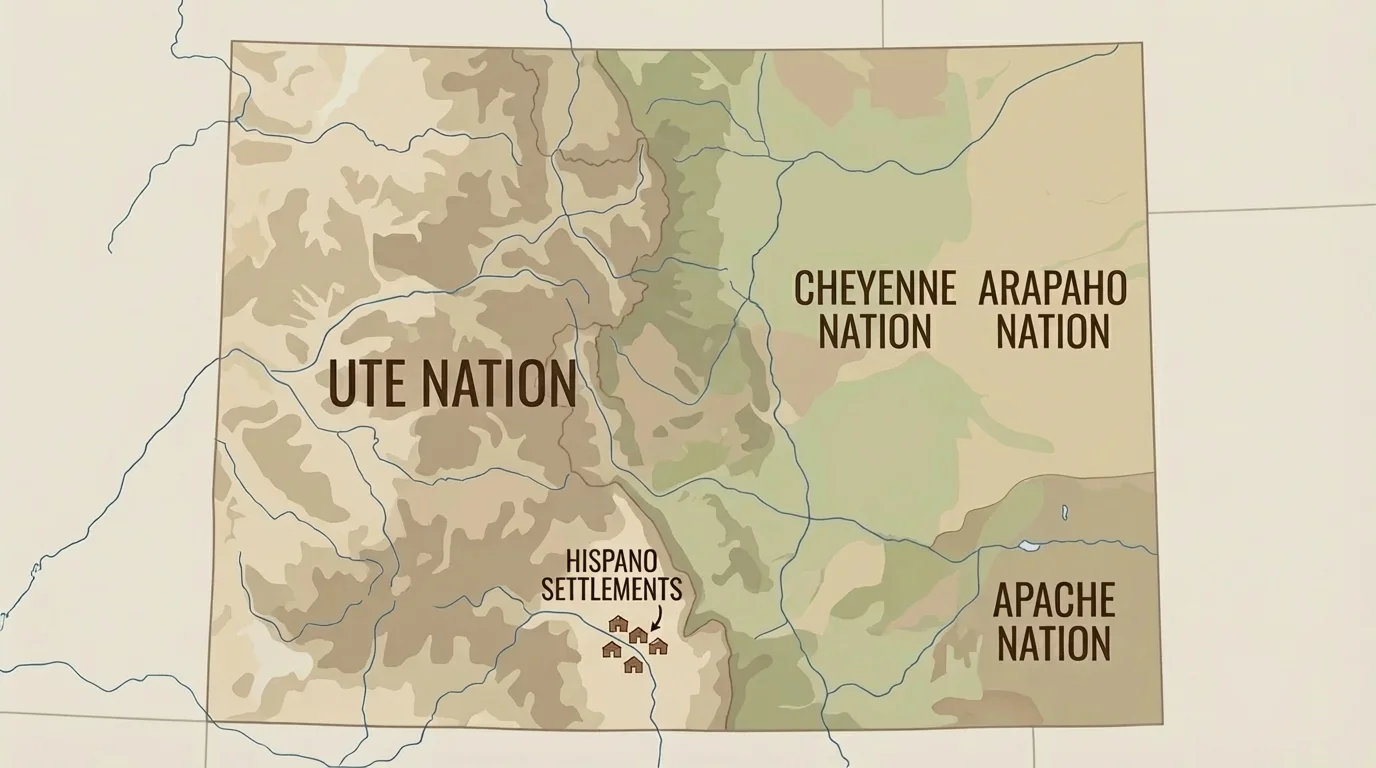 Simple historical map of present-day Colorado region labeled with Ute, Cheyenne, Arapaho, Apache, and Hispano settlements in southern areas