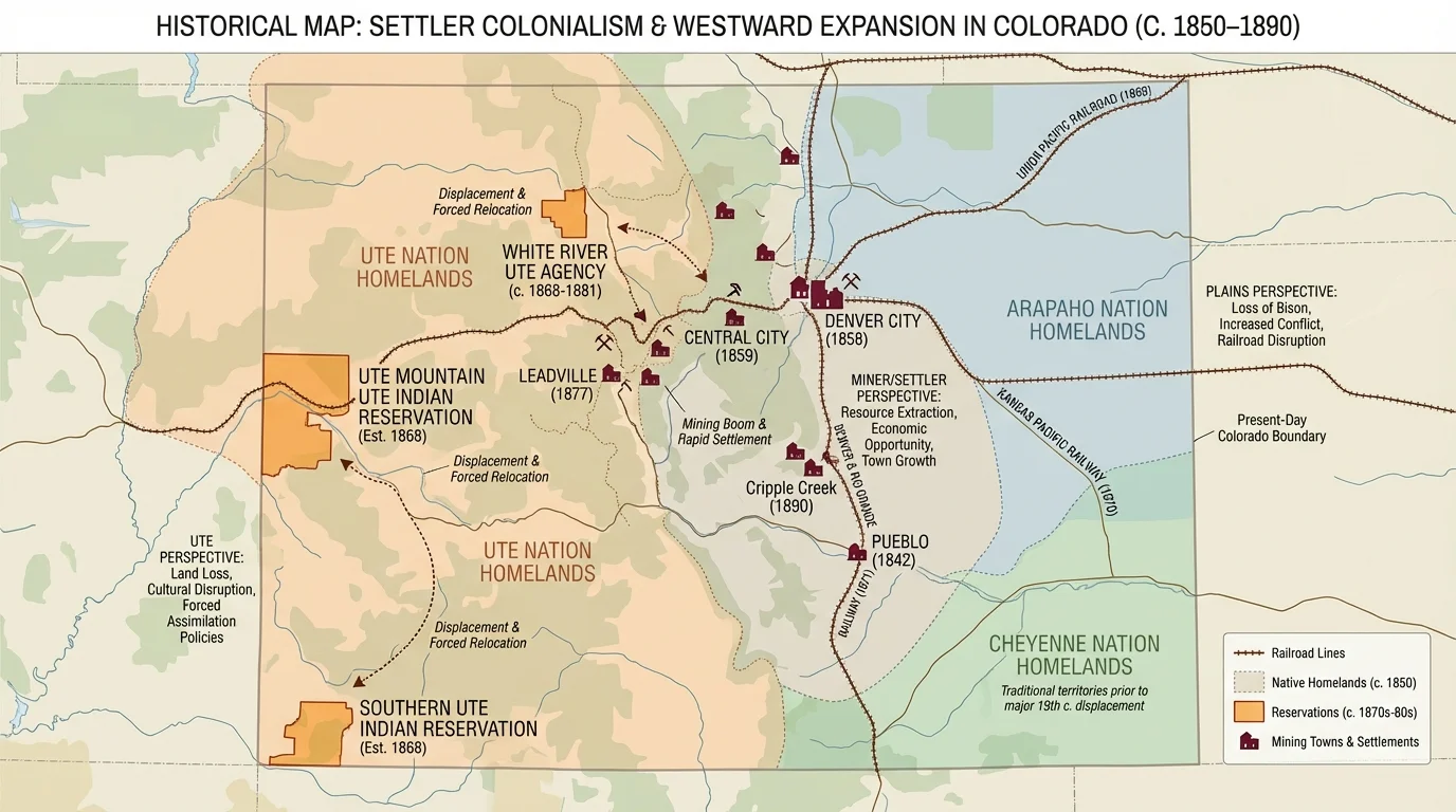 Historical map of Colorado with Native homelands, reservation areas, railroad lines, and growing mining towns