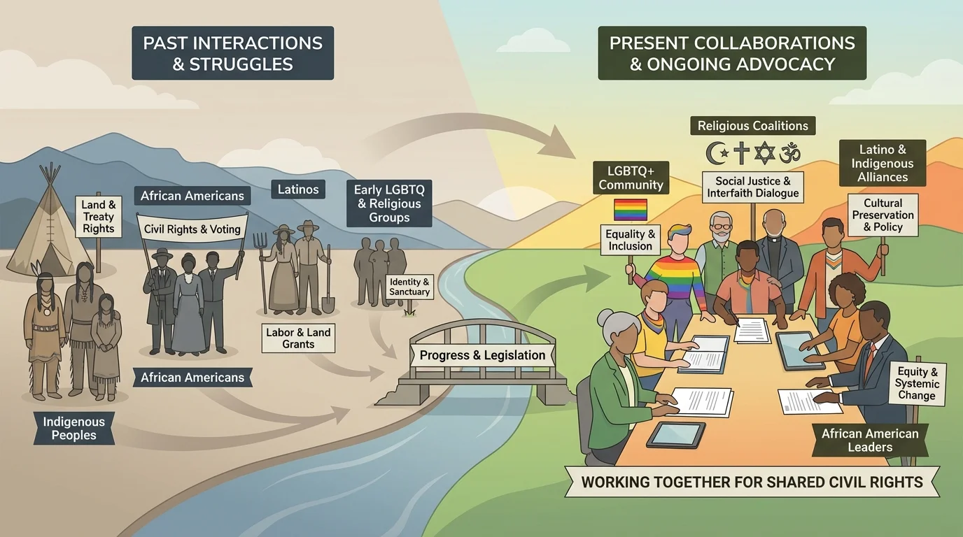 Illustration of Colorado community members including African American, Latino, Indigenous, LGBTQ, and religious groups working for civil rights