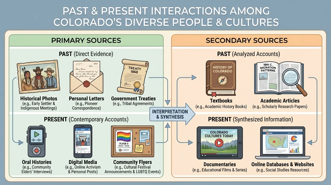 Chart comparing primary sources such as photos, letters, treaties, and oral histories with secondary sources such as textbooks and history articles