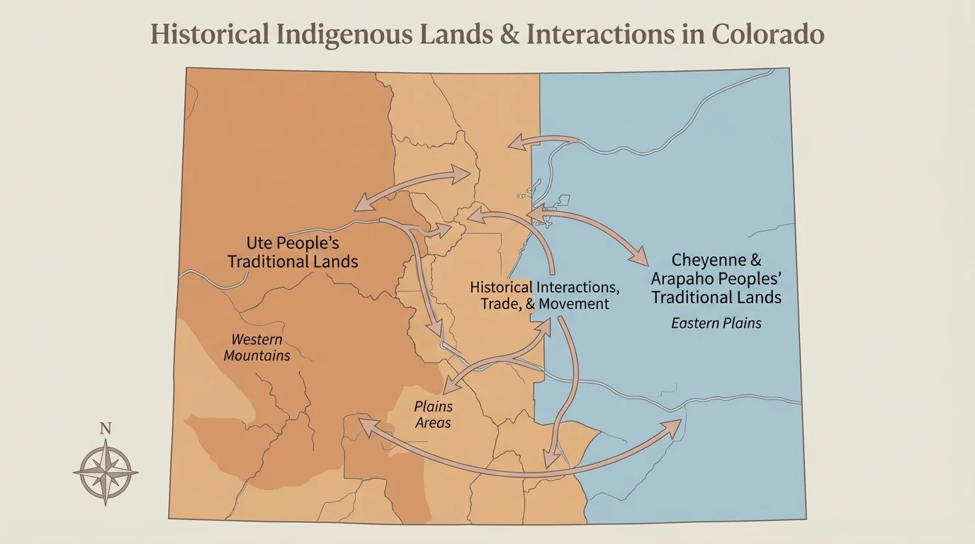 Map of Colorado showing Ute regions in western mountains and plains areas connected to Cheyenne and Arapaho in the east