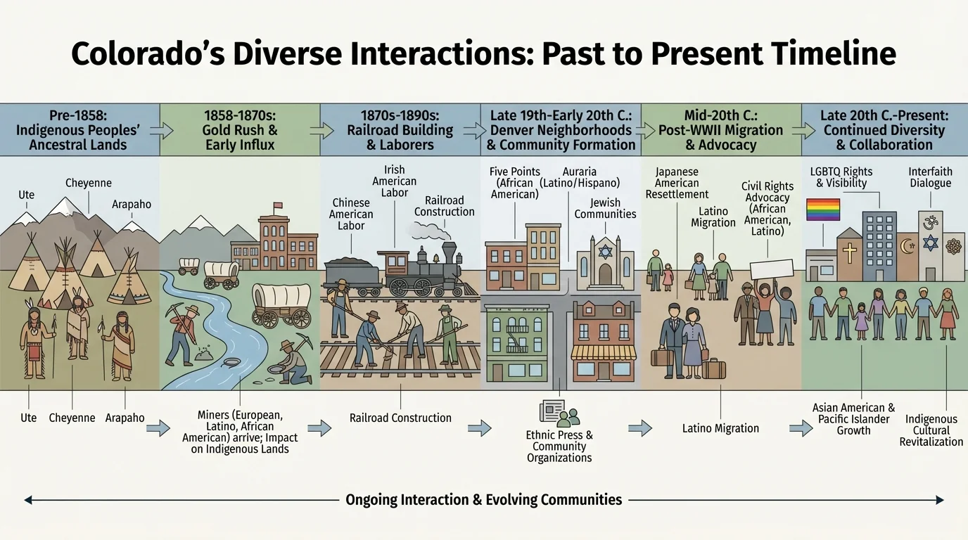 Timeline with Gold Rush, railroad building, Denver neighborhoods, and arrival of diverse communities in Colorado