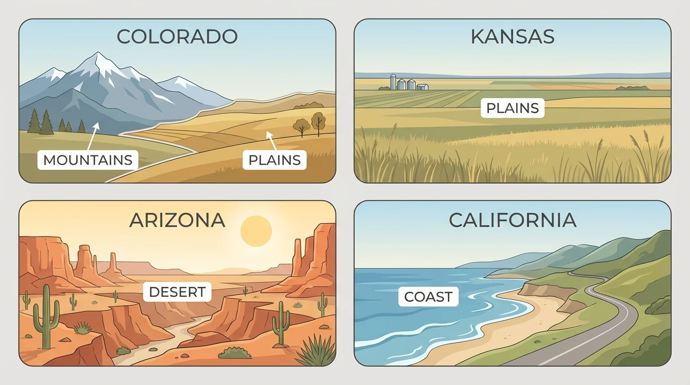 Four-panel comparison chart showing major landscapes of Colorado, Kansas, Arizona, and California with simple labels for mountains, plains, desert, and coast
