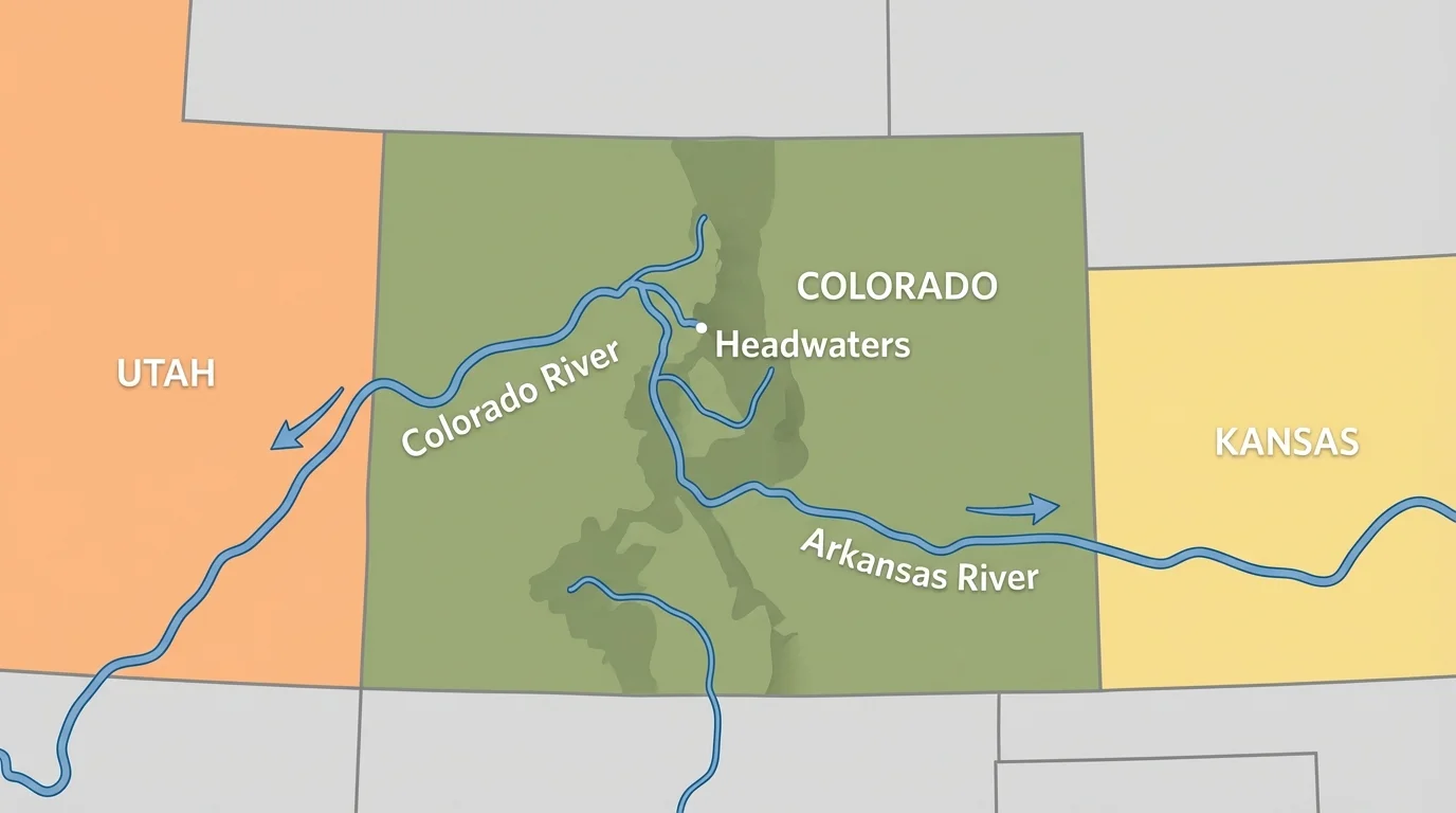 Simple map showing the Colorado River and Arkansas River beginning in Colorado and flowing into neighboring states
