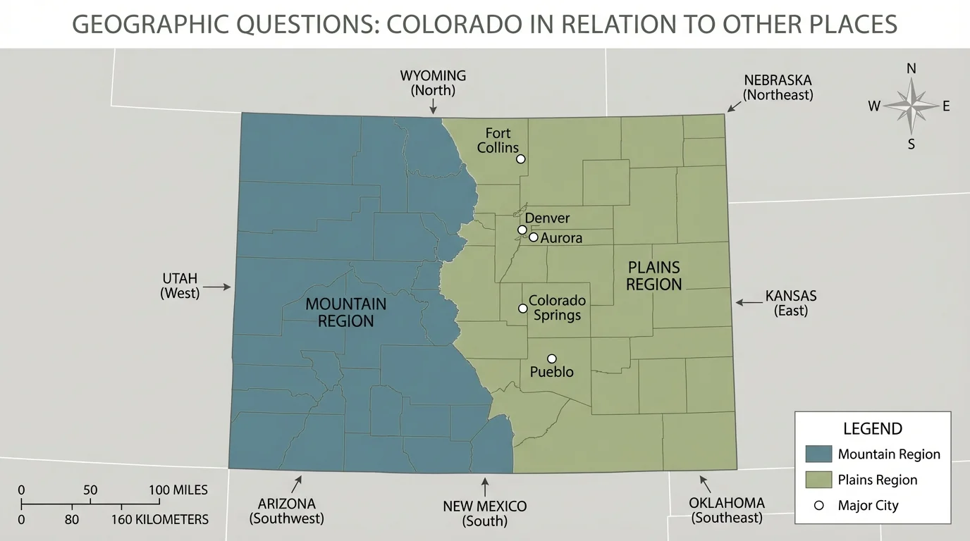 Colorado state map with title, compass rose, legend, scale bar, major cities, and mountain and plains regions shaded differently