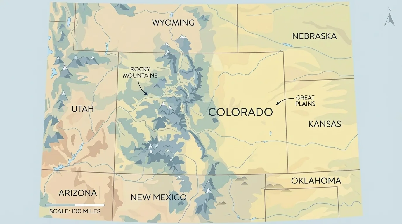 Map of Colorado and surrounding states with labels for Wyoming, Nebraska, Kansas, Oklahoma, New Mexico, Arizona, Utah, Rocky Mountains, and Great Plains