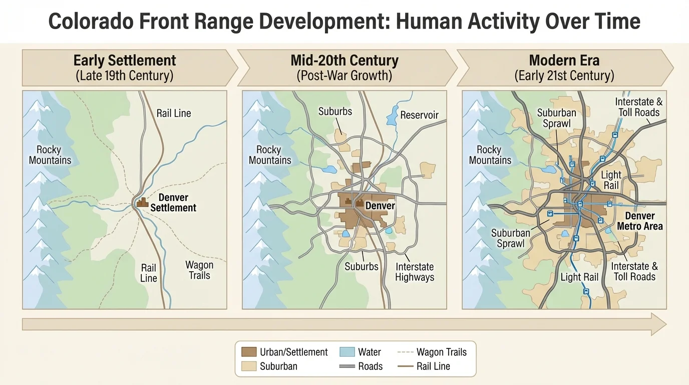 simple Colorado Front Range map highlighting Denver, roads, rail lines, suburbs, and nearby mountains