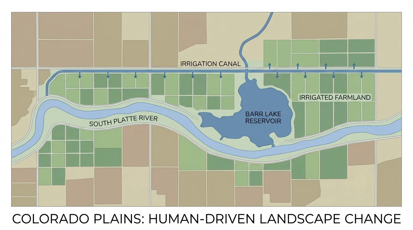 Colorado plains map showing river, reservoir, irrigation canal, and rectangular farm fields