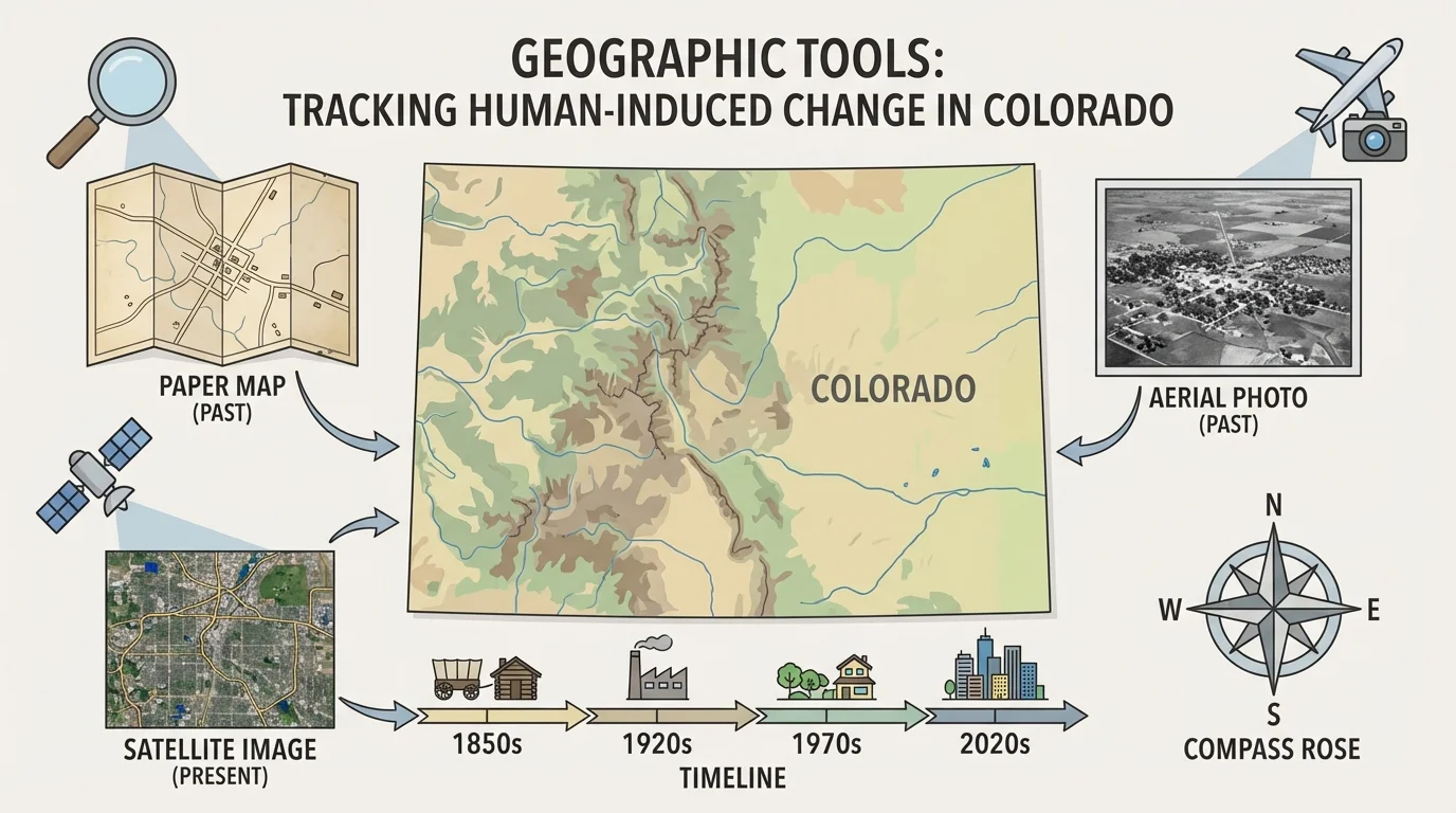 map of Colorado with icons for paper map, aerial photo, satellite image, timeline, and compass rose, showing tools geographers use