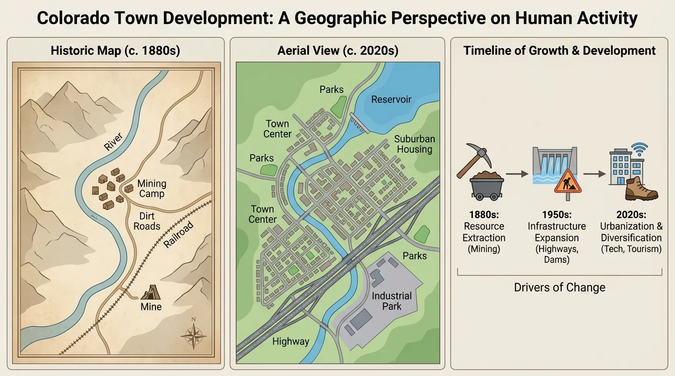 three-panel comparison with a town shown as a historic map, an aerial view, and a short timeline of growth