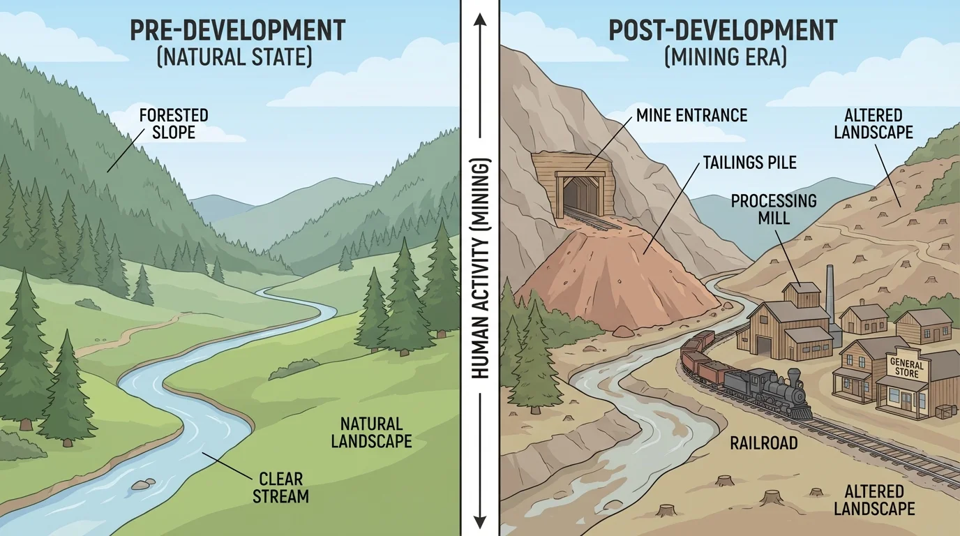 mountain valley scene with mine entrance, tailings pile, railroad, and clustered buildings in a historic mining town