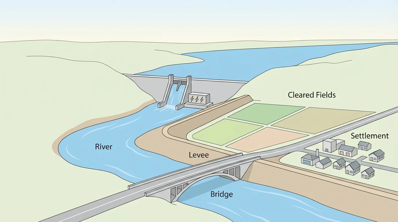 Diagram showing a river with a dam and levee, a bridge across it, and nearby fields cleared for farming