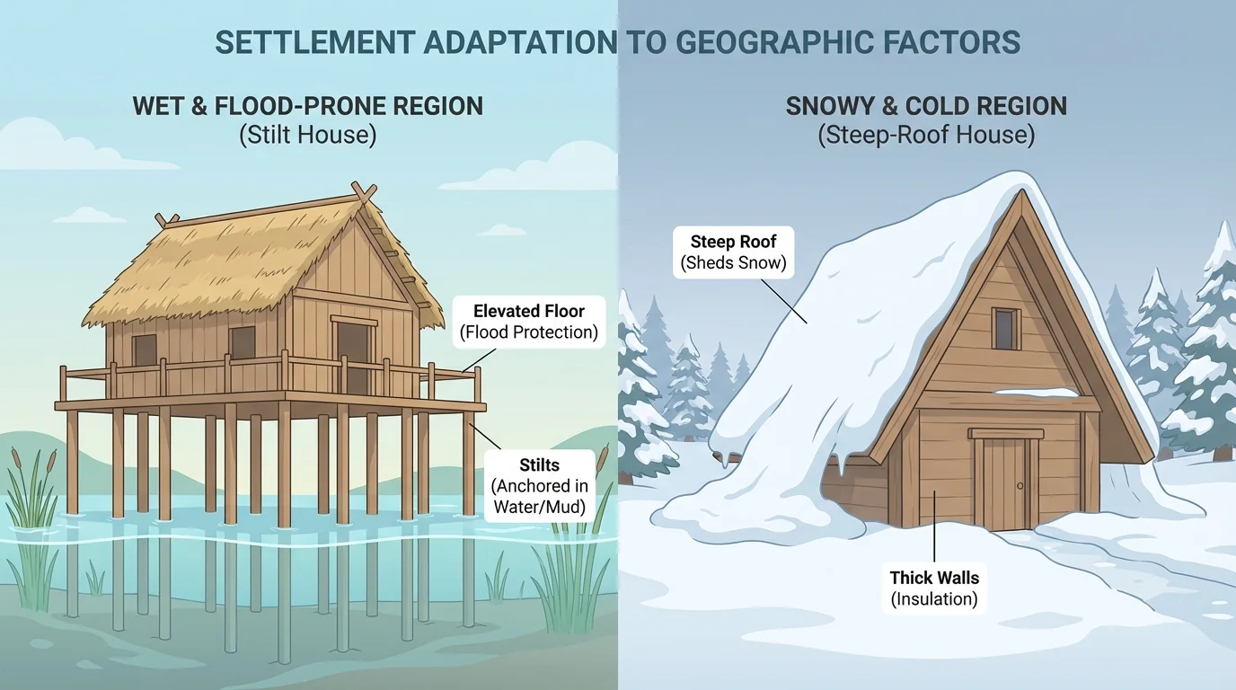 Illustration comparing a stilt house in a wet flood-prone area and a steep-roof house in a snowy region