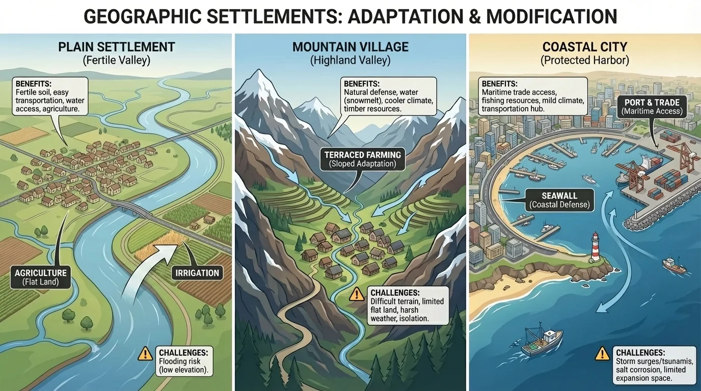 Map comparing a plain settlement, mountain village, and coastal city with labels for benefits and challenges
