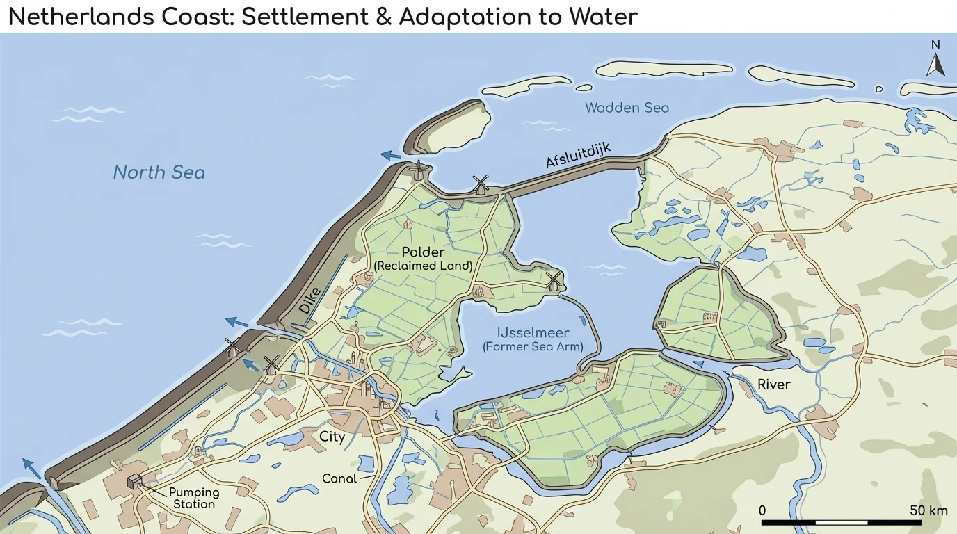 Map of the Netherlands coast showing dikes, reclaimed land, and nearby sea