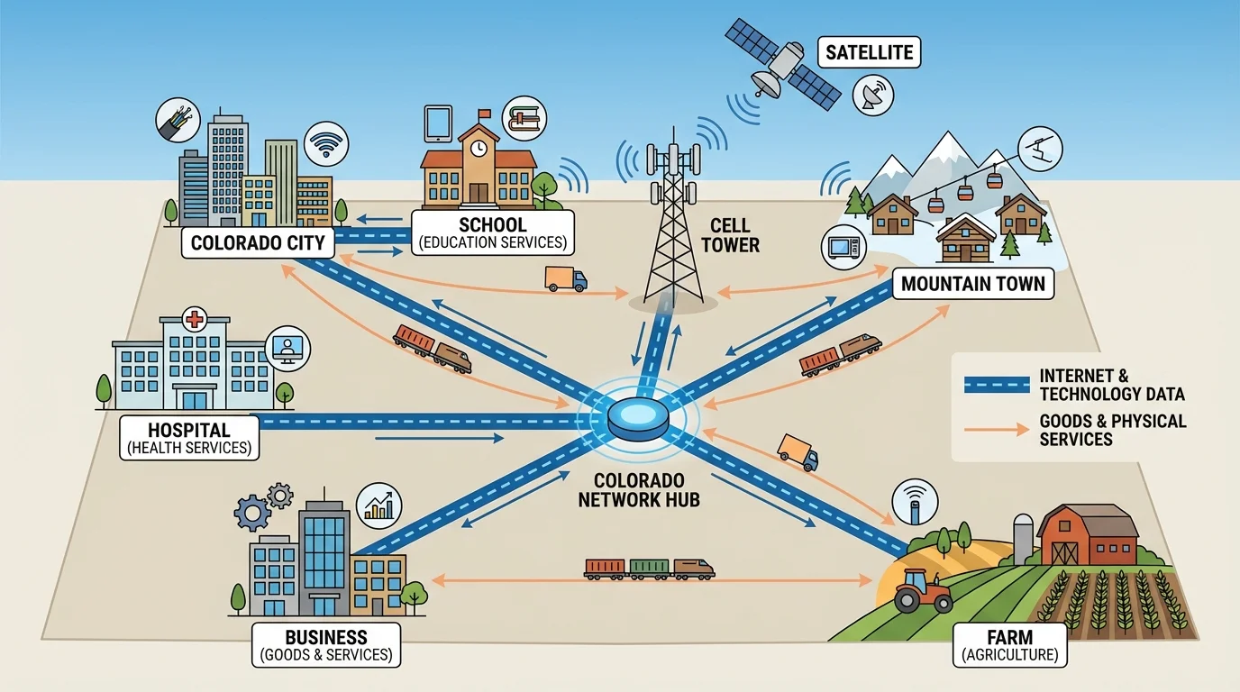 Diagram of internet and technology connections linking a Colorado city, mountain town, farm, school, hospital, business, cell tower, and satellite