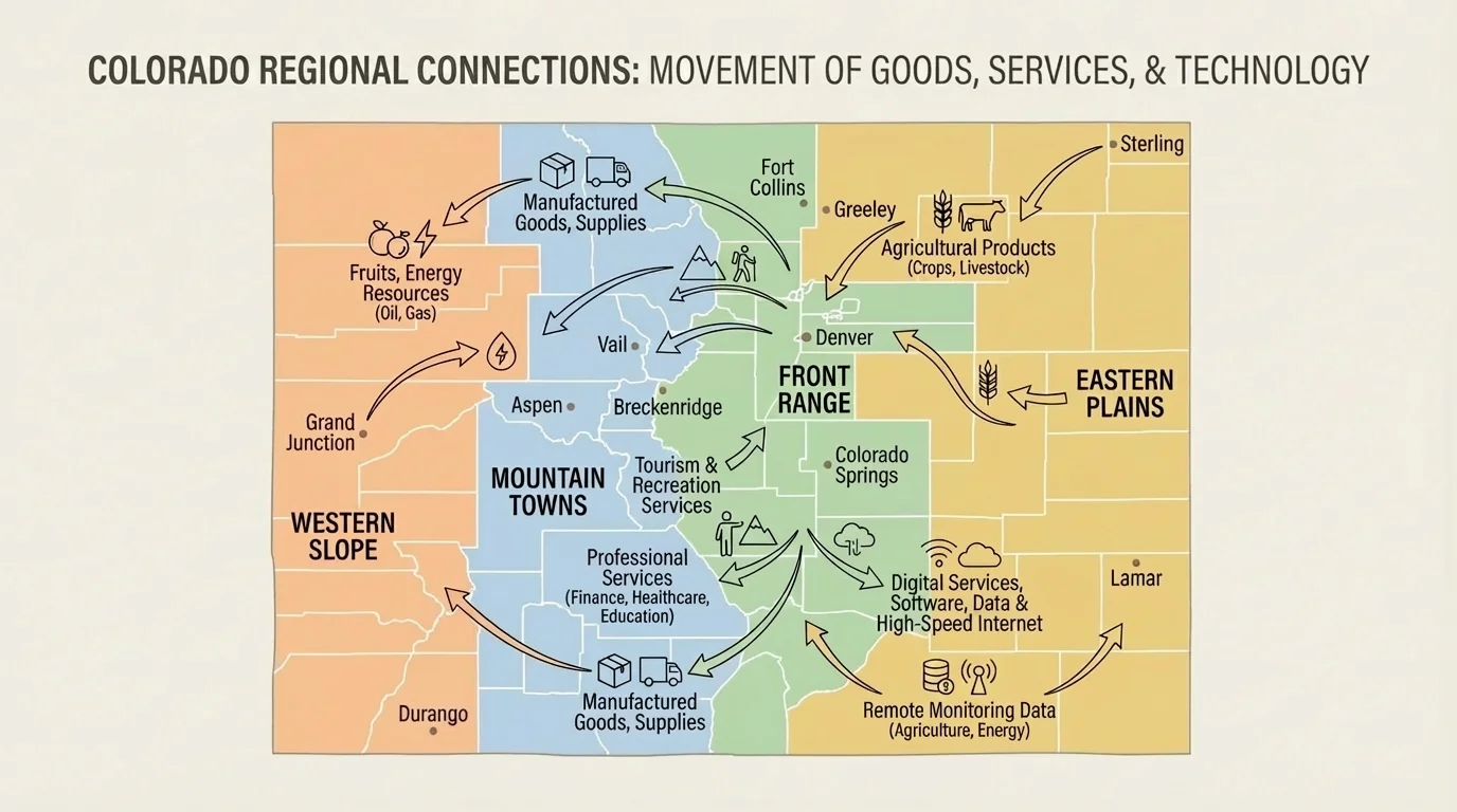 Colorado regional map labeling Front Range, mountain towns, Eastern Plains, and Western Slope with example goods, services, and technology connections