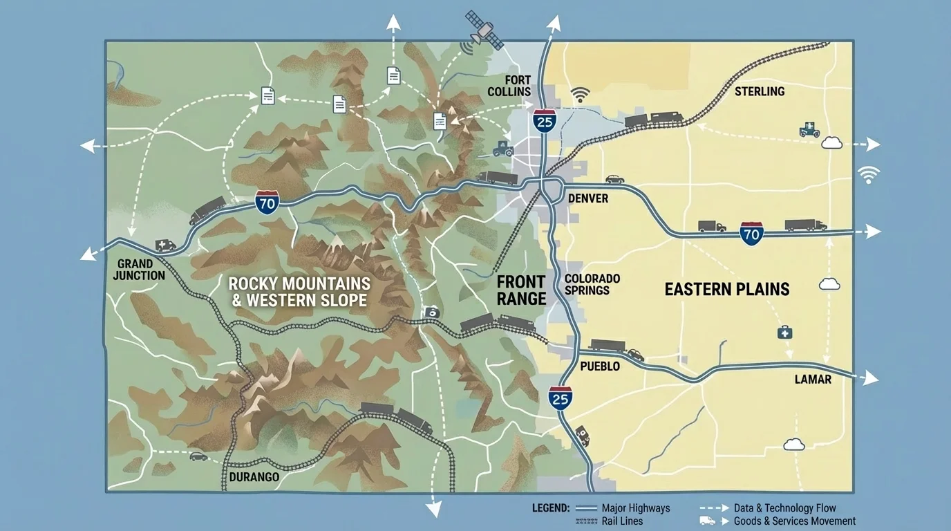 Map of Colorado showing the Rocky Mountains, Front Range, Eastern Plains, Western Slope, major cities, and main highways and rail lines