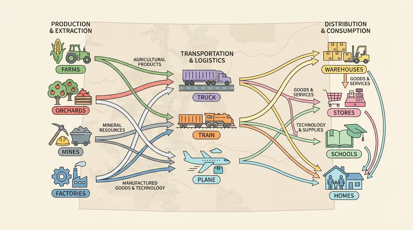 Flowchart showing Colorado goods moving from farms, orchards, mines, and factories by truck, train, and plane to warehouses, stores, schools, and homes