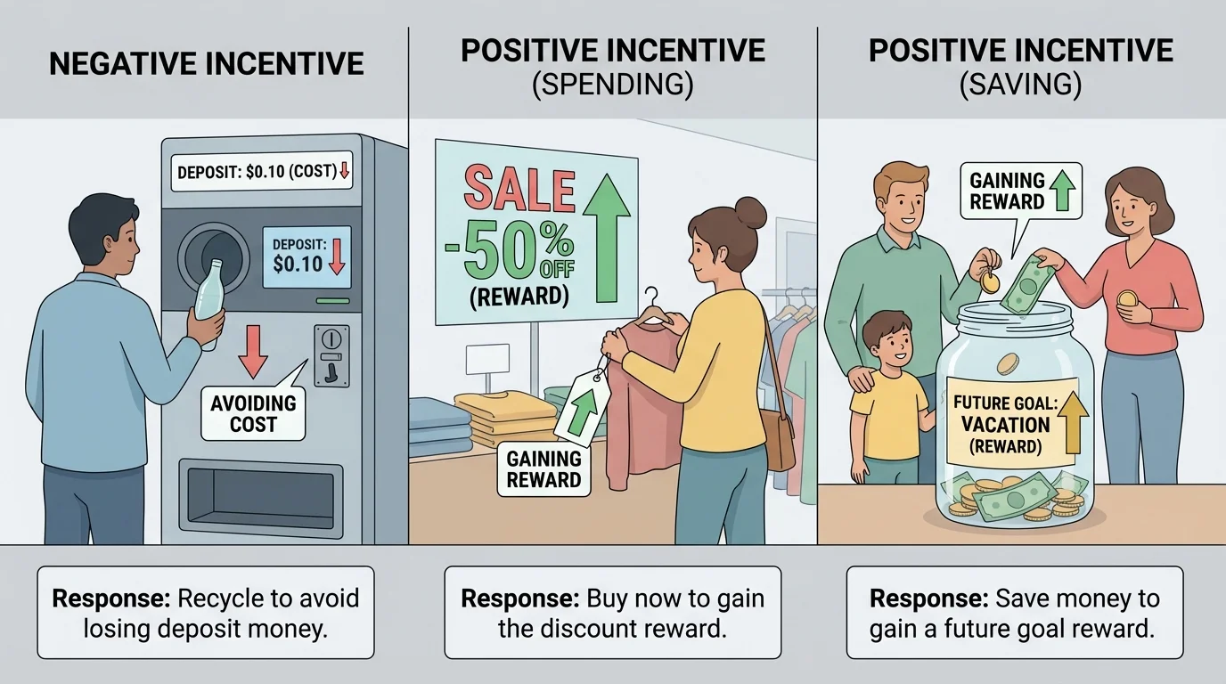 split-scene illustration showing recycling deposit, sale sign in store, and family saving money in a jar, each with short labels for reward or cost