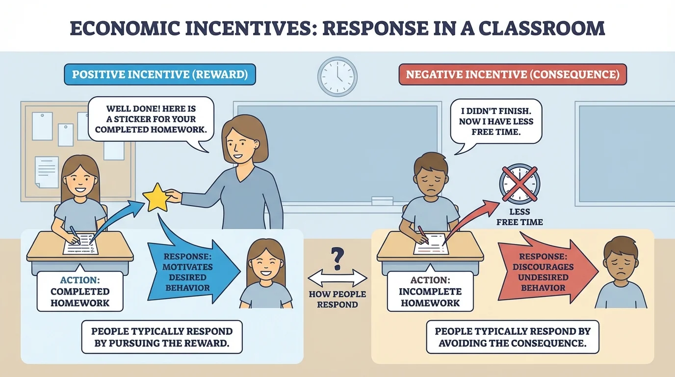 classroom scene with students earning stickers or extra reading time for completed homework, labels showing reward leads to action
