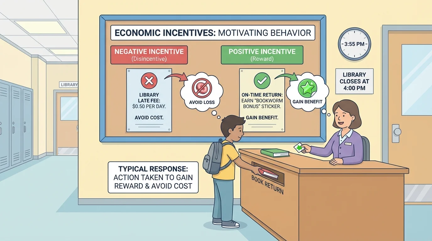school hallway scene with sign about library late fees and a student returning a book on time to avoid the fee