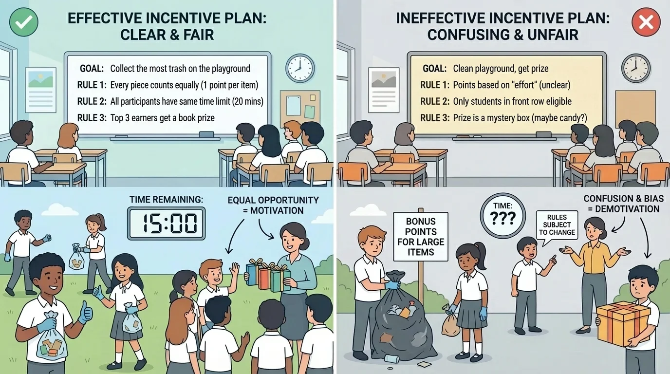 Split-scene classroom illustration showing clear rules and equal chances on one side, confusing unfair rules on the other