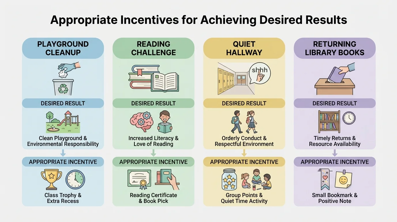 Chart comparing playground cleanup, reading challenge, quiet hallway, and returning library books with suitable incentives