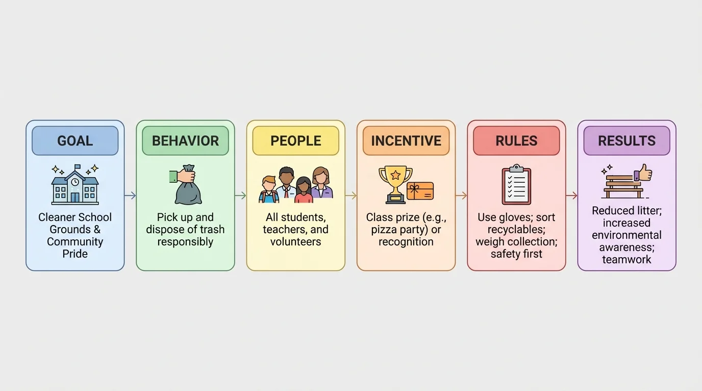 Flowchart with boxes labeled goal, behavior, people, incentive, rules, results, using a school cleanup example