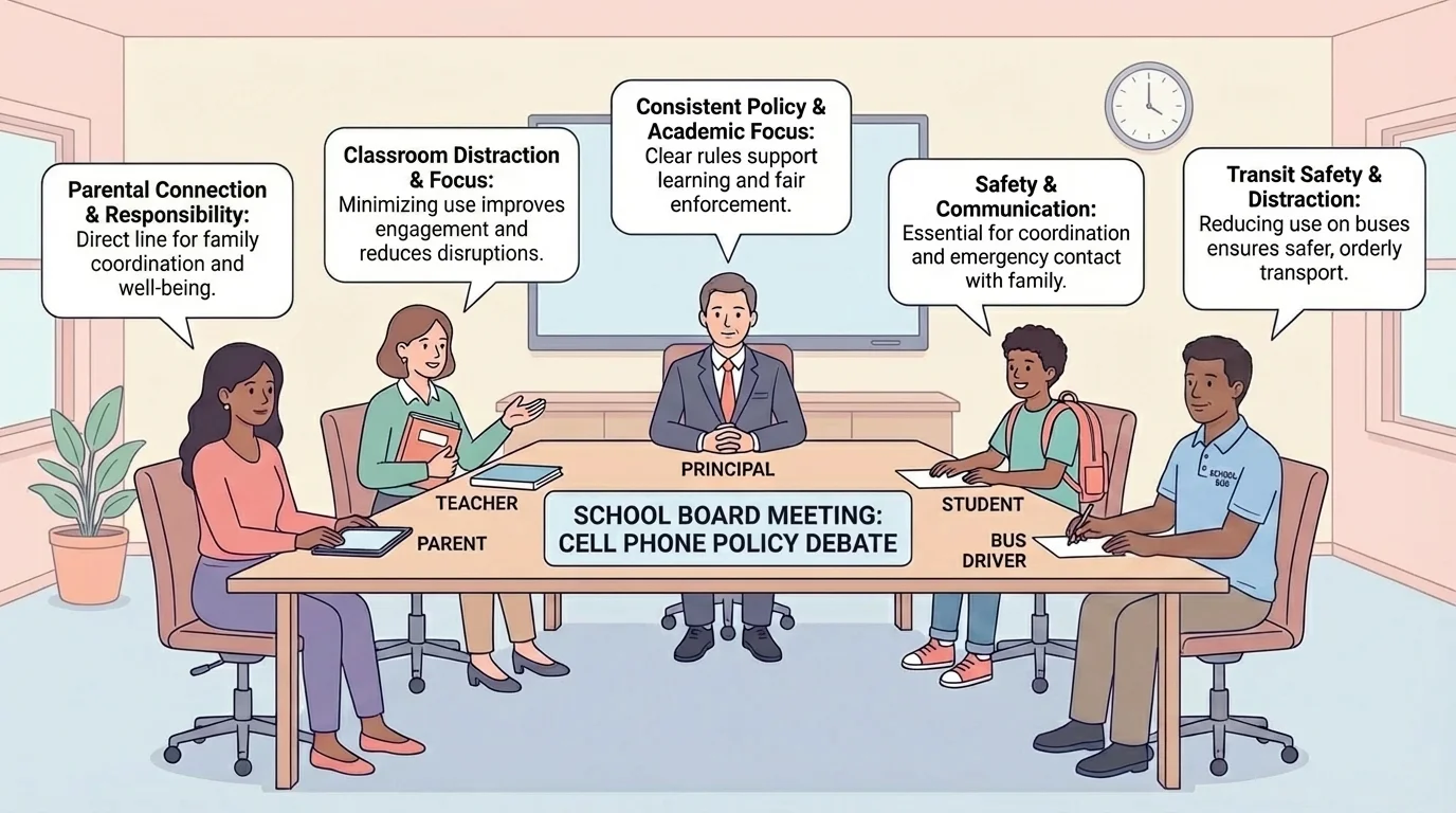 school board meeting scene with a student, teacher, parent, principal, and bus driver each sharing a view about school cell phone rules