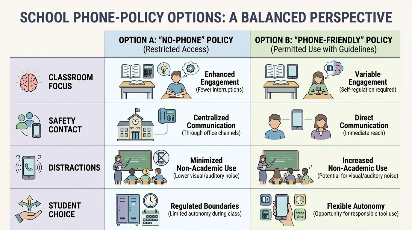 comparison chart of two school phone-policy options showing classroom focus, safety contact, distractions, and student choice