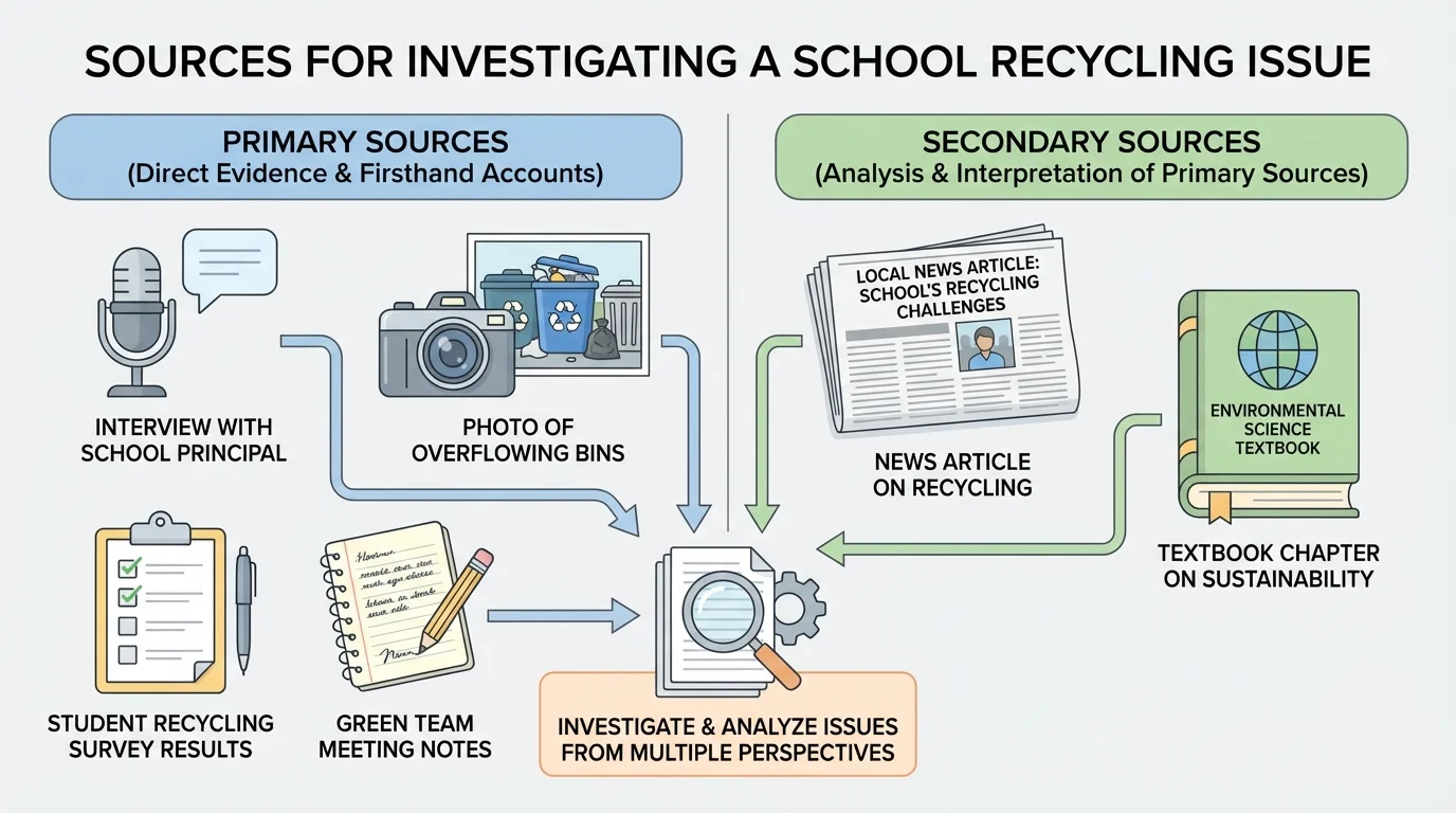 chart showing examples of primary sources and secondary sources for a school recycling issue, including interview, photo, survey, meeting notes, news article, and textbook