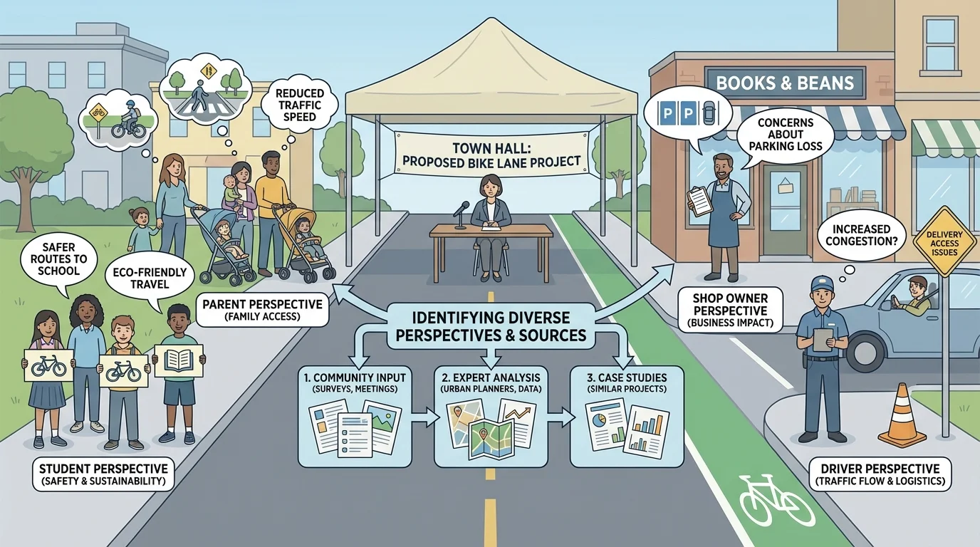 town meeting about adding a bike lane, with students, parents, shop owners, and drivers showing different concerns in one street scene