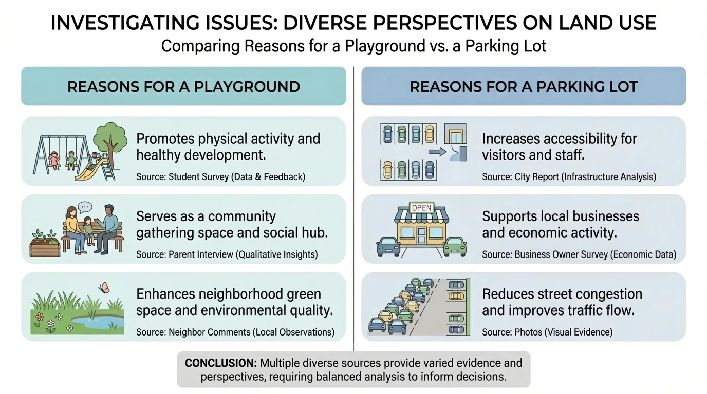 chart with two columns comparing reasons for a playground and reasons for a parking lot, with source labels such as student survey, parent interview, neighbor comments, city report, and photos