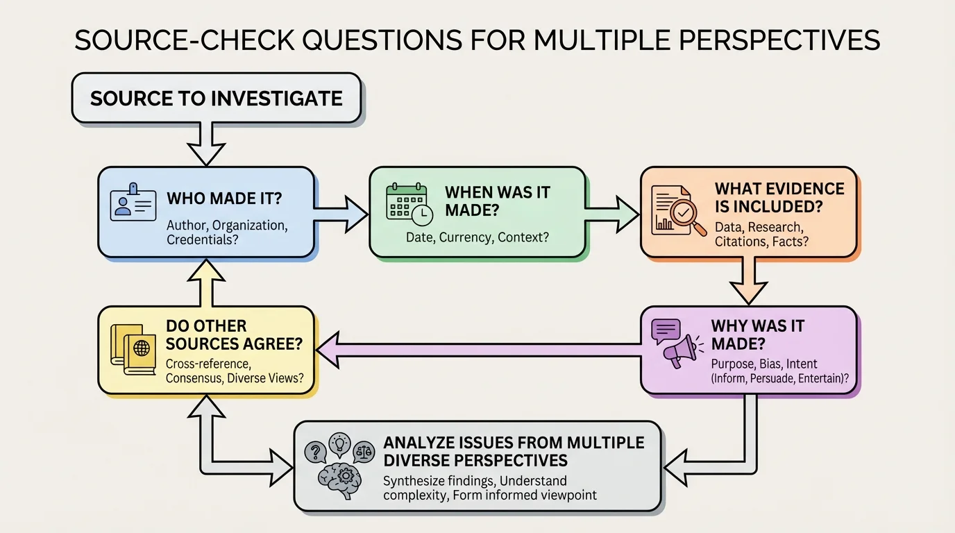 flowchart showing source-check questions: Who made it, When was it made, What evidence is included, Why was it made, and Do other sources agree?