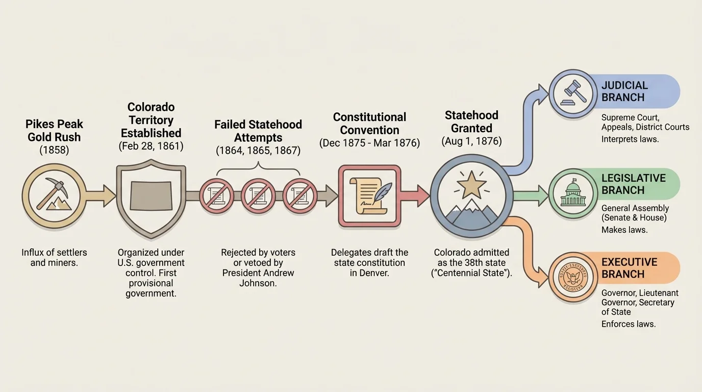 Timeline with key events including 1858 gold rush, 1861 Colorado Territory, failed statehood attempts, constitutional convention, and 1876 statehood