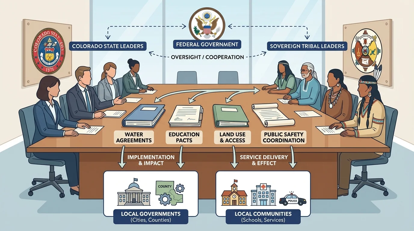 Illustration of Colorado state leaders and tribal leaders meeting at a table with labels for water, education, land, and public safety agreements