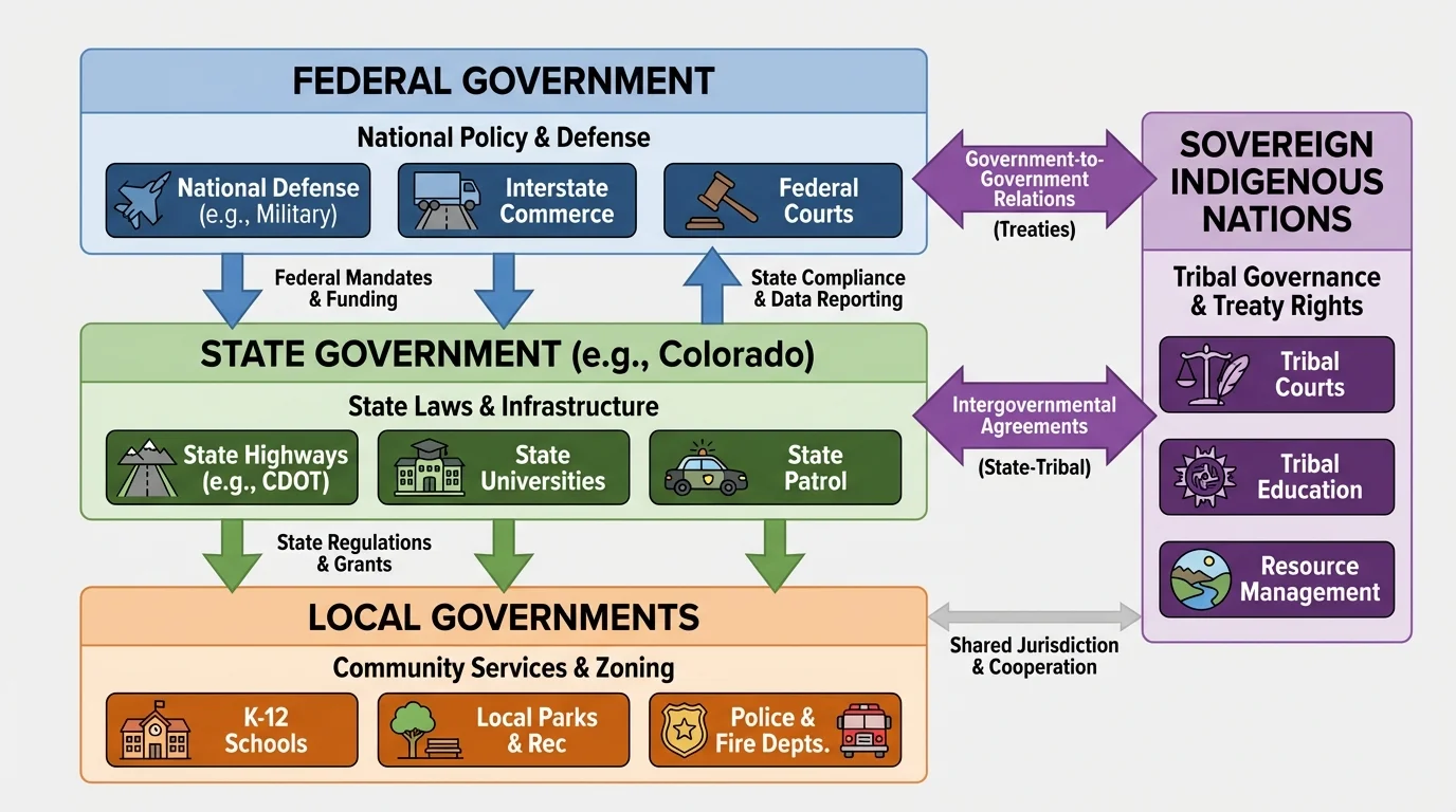Simple layered diagram showing local government, Colorado state government, and federal government with sample jobs like schools, state highways, and national defense