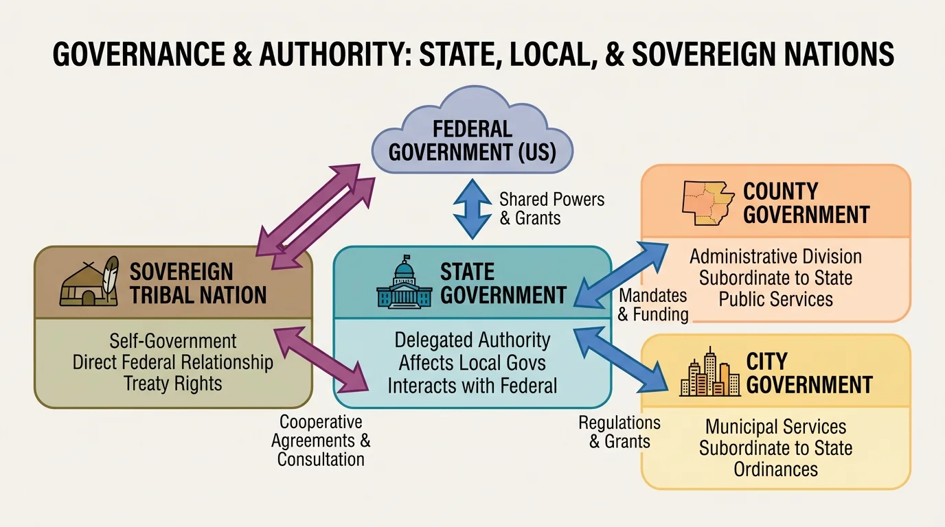 Comparison chart showing sovereign tribal nation with its own government beside county and city governments, noting self-government and different authority