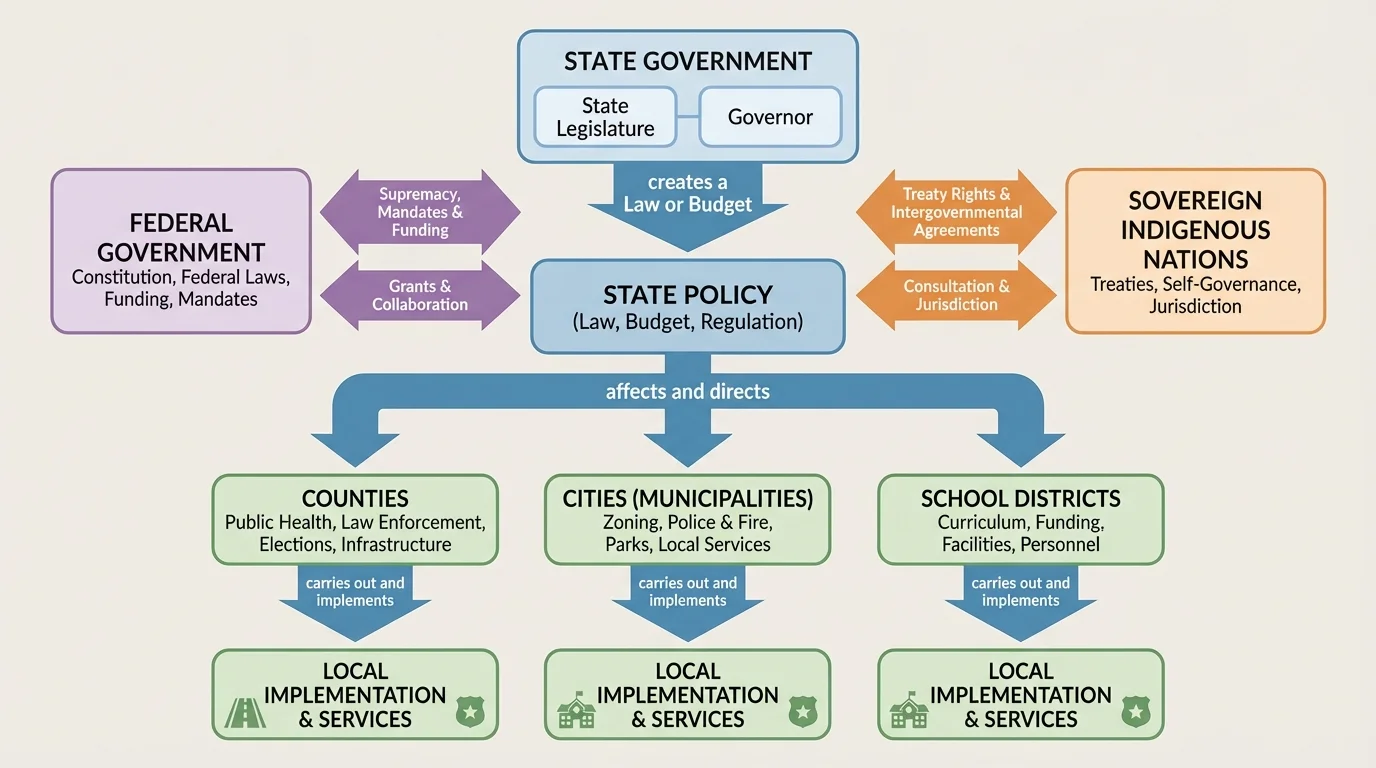 Flowchart showing state legislature and governor creating a law or budget, then counties, cities, and school districts carrying it out