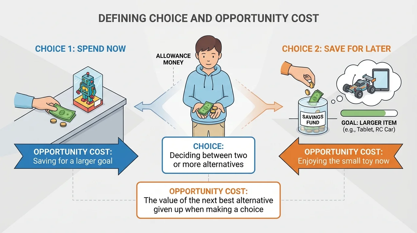 Student holding allowance money, with one side showing buying a small toy now and the other side showing saving toward a larger item later