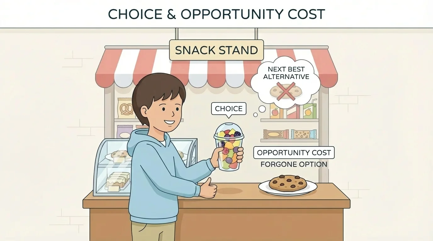 Child at a snack stand choosing a fruit cup instead of a cookie, with the chosen item in hand and the cookie shown as the next best option given up